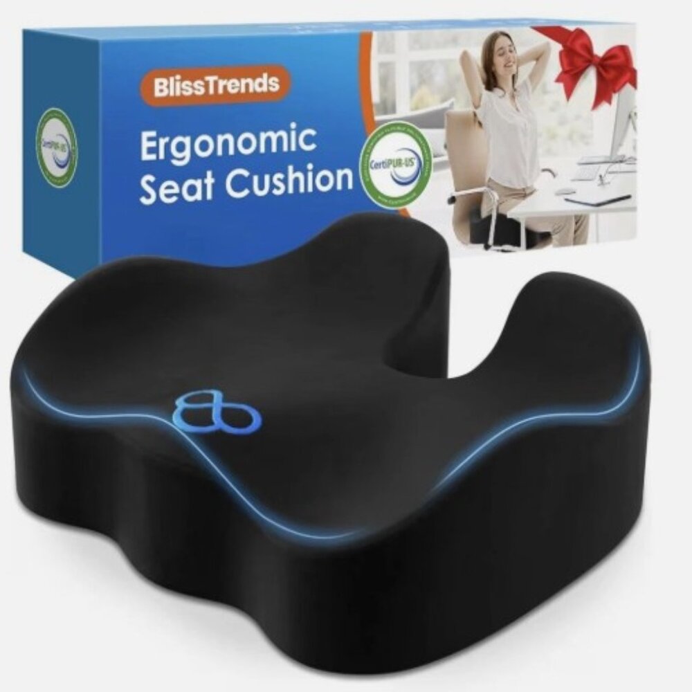Bliss Trends Ergonomic Memory Foam Seat Cushion Washable Cover Back Tailbone